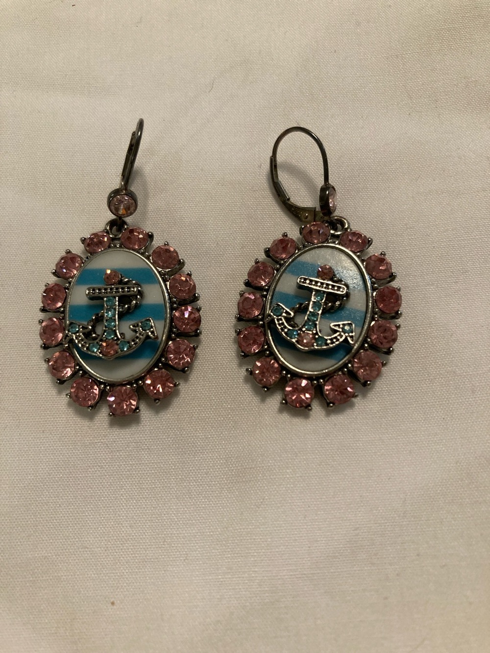 Hey Sailor! Betsey Johnson Pink Crystal Anchor Drop Earrings with Blue Enamel